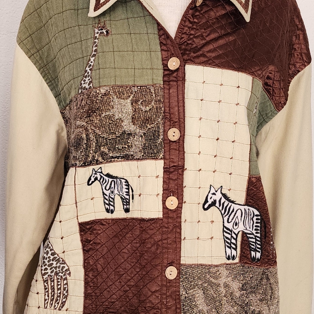 New Direction Jacket 100% Cotton Safari Zebra Patchwork Cream Multi Size XL - Picture 11 of 14